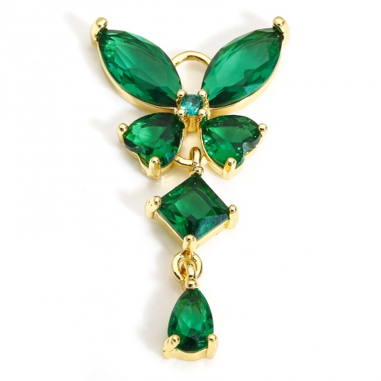 Picture of 1 Piece Brass & Glass Insect Charms Gold Plated Butterfly Animal Tassel Green Rhinestone 3.2cm x 1.8cm