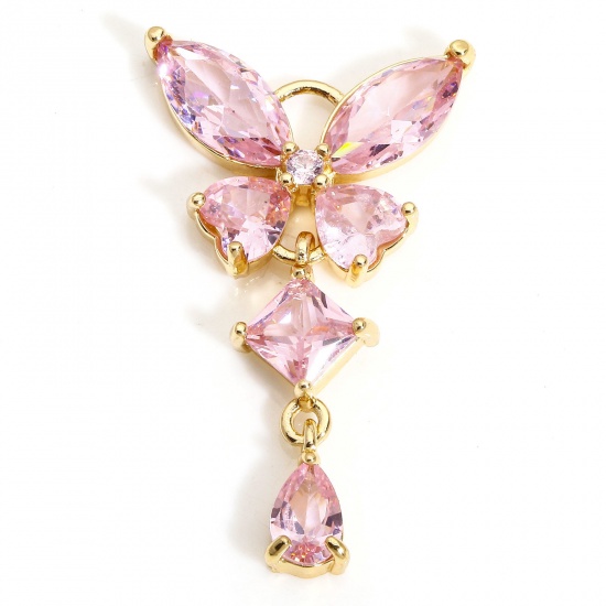 1 Piece Brass & Glass Insect Charms Gold Plated Butterfly Animal Tassel Pink Rhinestone 3.2cm x 1.8cm の画像