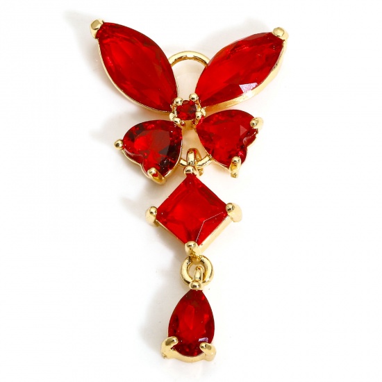 Immagine di 1 Pz Ottone & Vetro Insetto Charms Oro Placcato Farfalla Nappine Rosso Strass 3.2cm x 1.8cm
