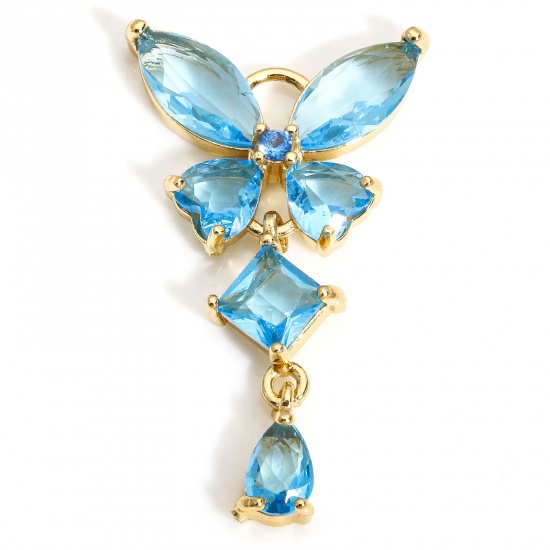 Picture of 1 Piece Brass & Glass Insect Charms Gold Plated Butterfly Animal Tassel Light Blue Rhinestone 3.2cm x 1.8cm