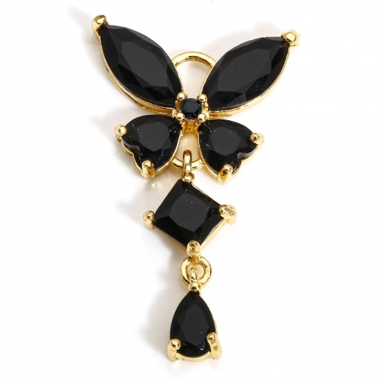 1 Piece Brass & Glass Insect Charms Gold Plated Butterfly Animal Tassel Black Rhinestone 3.2cm x 1.8cm の画像