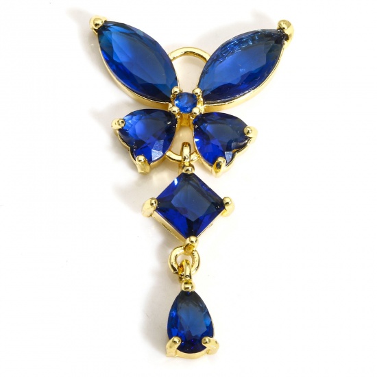 1 Piece Brass & Glass Insect Charms Gold Plated Butterfly Animal Tassel Dark Blue Rhinestone 3.2cm x 1.8cm の画像