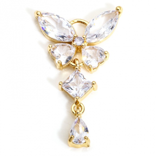 1 Piece Brass & Glass Insect Charms Gold Plated Butterfly Animal Tassel Clear Rhinestone 3.2cm x 1.8cm の画像