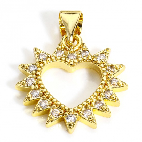 Picture of 2 PCs Brass Valentine's Day Charm Pendant 18K Gold Plated Heart Micro Pave Clear Cubic Zirconia 22mm x 17mm