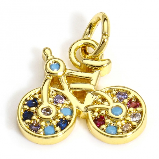 Immagine di 2 PCs Brass Transport Charms 18K Gold Color Bicycle Micro Pave Multicolour Cubic Zirconia 15mm x 13mm