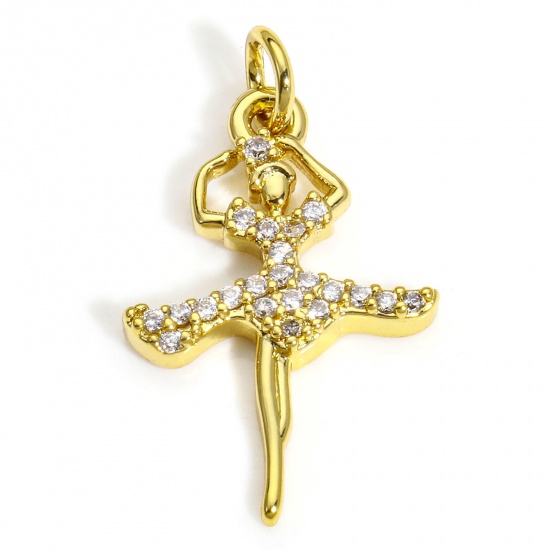 Picture of 2 PCs Brass Charms 18K Gold Plated Ballerina Micro Pave Clear Cubic Zirconia 25mm x 14mm