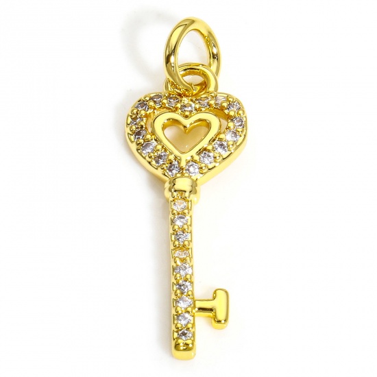 Picture of 2 PCs Brass Valentine's Day Charms 18K Gold Plated Key Heart Micro Pave Clear Cubic Zirconia 24mm x 8mm