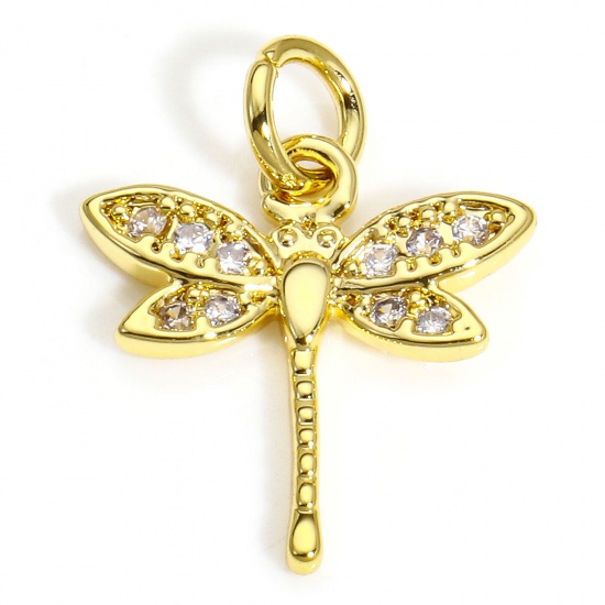 Picture of 2 PCs Brass Insect Charms 18K Gold Color Dragonfly Animal Micro Pave Clear Cubic Zirconia 18mm x 14mm