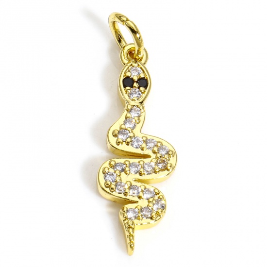 Picture of 2 PCs Brass Charms 18K Gold Plated Snake Animal Micro Pave Clear Cubic Zirconia 25mm x 8mm