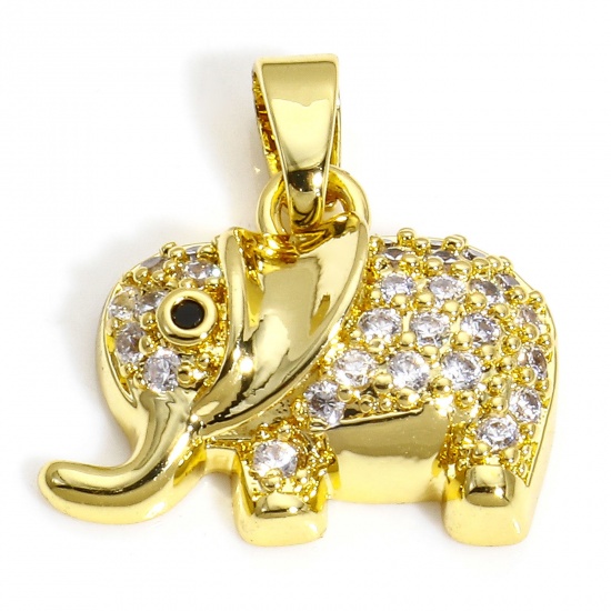 Picture of 2 PCs Brass Charms 18K Gold Color Elephant Animal Micro Pave Clear Cubic Zirconia 17mm x 16mm