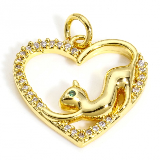 Picture of 2 PCs Brass Valentine's Day Charms 18K Gold Plated Heart Cat Micro Pave Clear Cubic Zirconia 21mm x 19mm