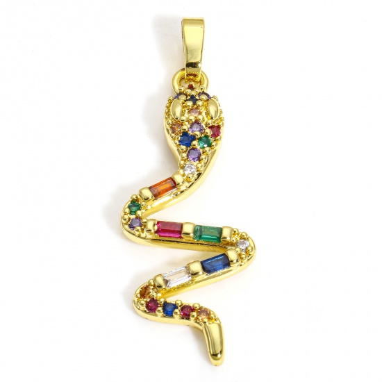 Picture of 2 PCs Brass Pendants 18K Gold Plated Snake Animal Micro Pave Multicolour Cubic Zirconia 3.8cm x 1.3cm