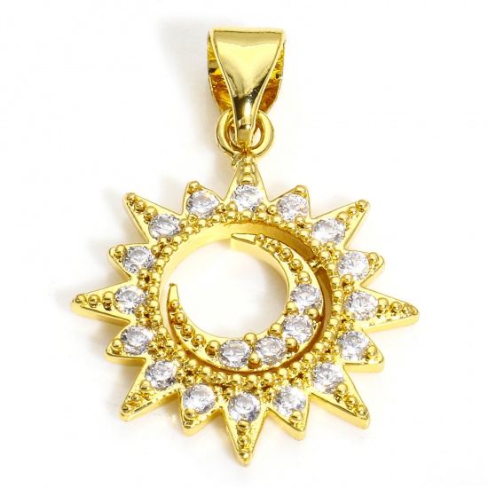 Picture of 2 PCs Brass Galaxy Charm Pendant 18K Gold Plated Sun Moon Micro Pave Clear Cubic Zirconia 24mm x 16mm
