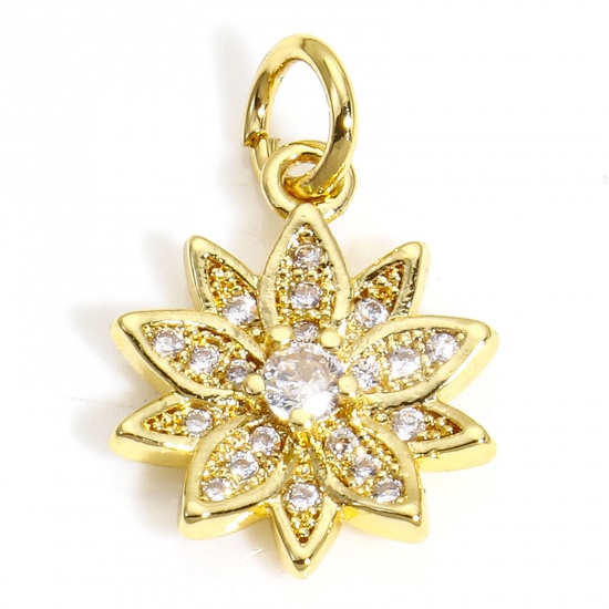 Picture of 2 PCs Brass Charms 18K Gold Plated Daisy Flower Micro Pave Clear Cubic Zirconia 17mm x 11.5mm