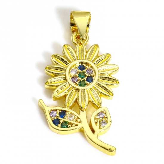 Picture of 2 PCs Brass Charms 18K Gold Color Sunflower Micro Pave Multicolour Cubic Zirconia 27mm x 13mm