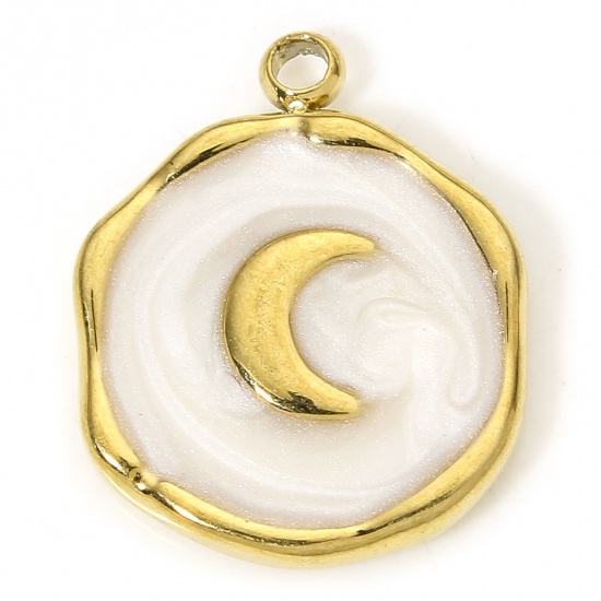 Immagine di 1 Piece Eco-friendly Vacuum Plating 304 Stainless Steel Galaxy Charms Gold Plated White Round Moon Enamel 15.5mm x 12.5mm