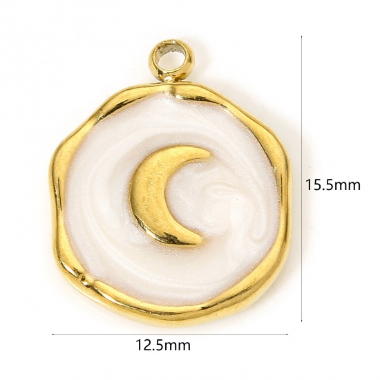 Image de 1 Pièce Breloques en 304 Acier Inoxydable Placage Sous Vide Écologique Galaxie Rond Doré Blanc Lune Émail 15.5mm x 12.5mm