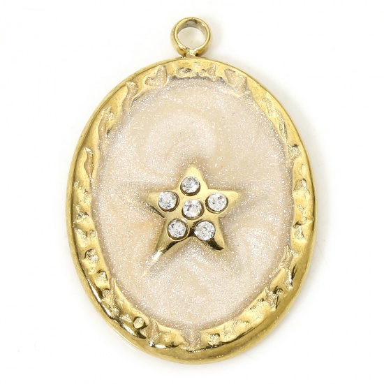 Immagine di 1 Piece Eco-friendly Vacuum Plating 304 Stainless Steel Galaxy Charms Gold Plated Champagne Oval Pentagram Star Enamel Clear Rhinestone 20.5mm x 14.5mm