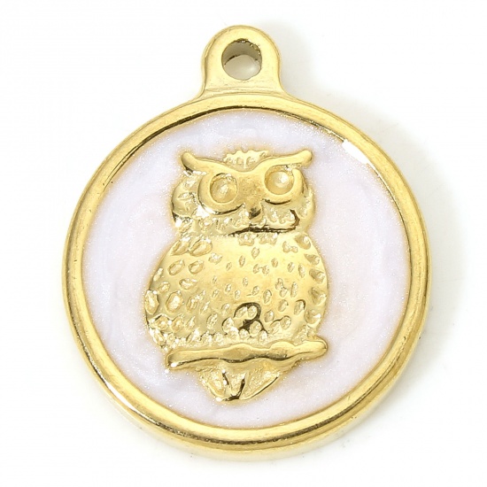Immagine di 1 Piece Eco-friendly Vacuum Plating 304 Stainless Steel Stylish Charms Gold Plated White Round Owl Enamel 18.5mm x 15.5mm