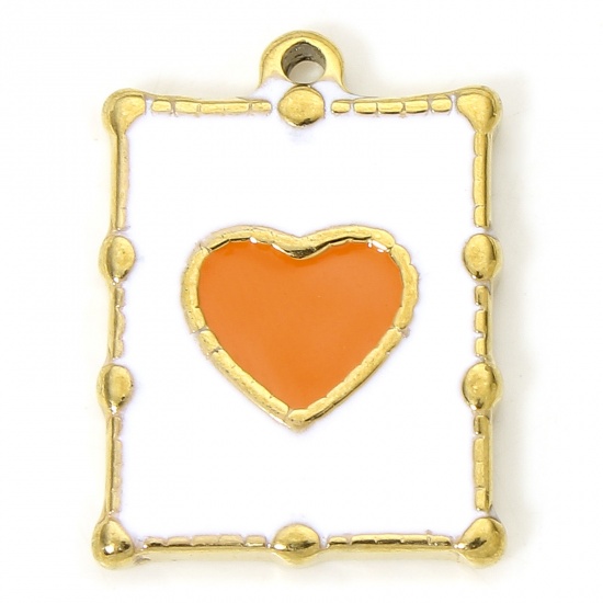 Immagine di 1 Piece Eco-friendly Vacuum Plating 304 Stainless Steel Geometric Charms Gold Plated White & Orange Rectangle Heart Enamel 20.5mm x 15mm