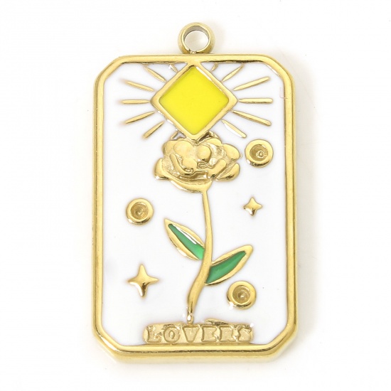Picture of 1 Piece Eco-friendly Vacuum Plating 304 Stainless Steel Tarot Charms Gold Plated Multicolor Rectangle Flower Enamel 22.5mm x 13.5mm