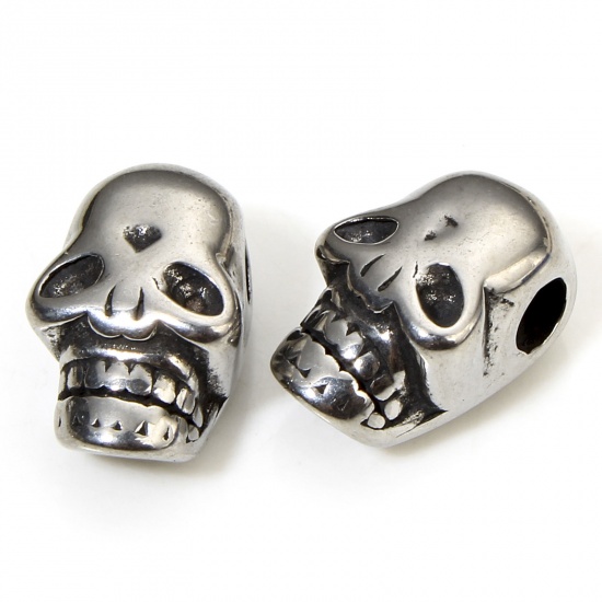 Picture of 2 PCs 304 Stainless Steel Halloween Beads For DIY Jewelry Making Skull Antique Silver Color 3D 13mm x 8mm, Hole: Approx 2.6mm