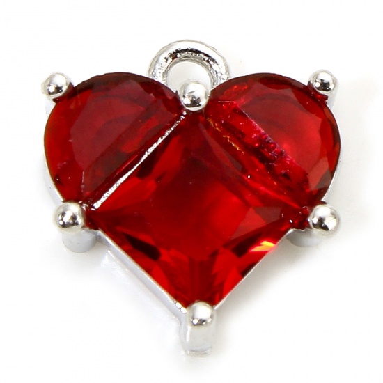 Immagine di 1 Piece Eco-friendly Brass & Glass Valentine's Day Charms Real Platinum Plated Heart 11mm x 10mm
