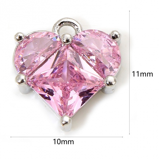 Picture of 1 Piece Eco-friendly Brass & Glass Valentine's Day Charms Real Platinum Plated Heart 11mm x 10mm