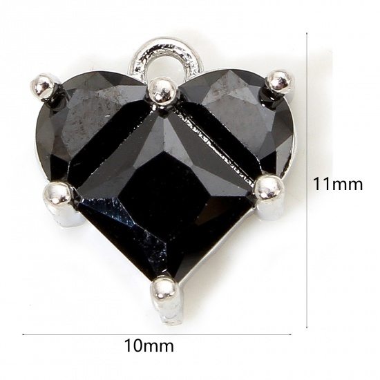 Picture of 1 Piece Eco-friendly Brass & Glass Valentine's Day Charms Real Platinum Plated Heart 11mm x 10mm