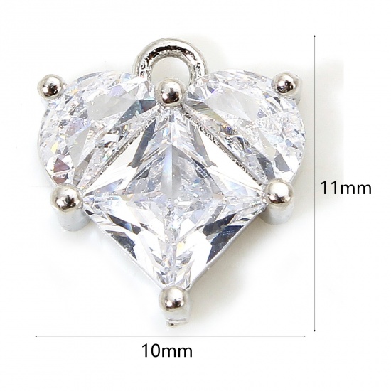 Picture of 1 Piece Eco-friendly Brass & Glass Valentine's Day Charms Real Platinum Plated Heart 11mm x 10mm