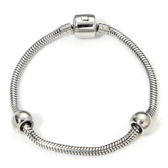 Immagine di 1 Piece 304 Stainless Steel European Style Snake Chain Bracelets Silver Tone With Snap Clasp 18cm(7 1/8") long