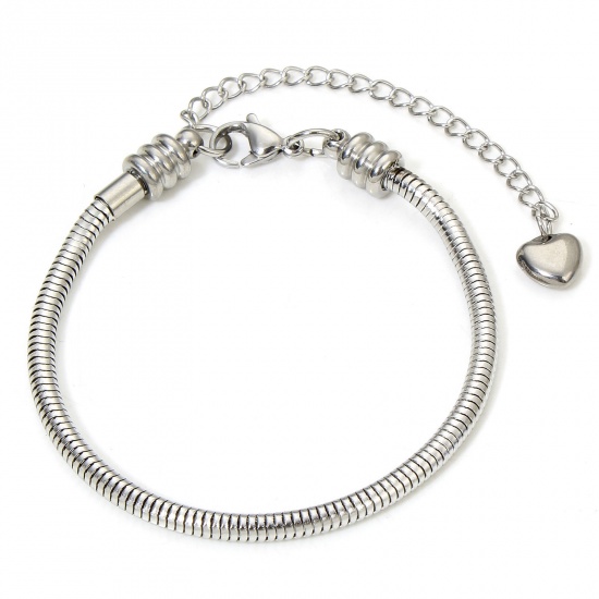 Immagine di 1 Piece 304 Stainless Steel European Style Snake Chain Bracelets Silver Tone With Lobster Claw Clasp And Extender Chain 17cm(6 6/8") long