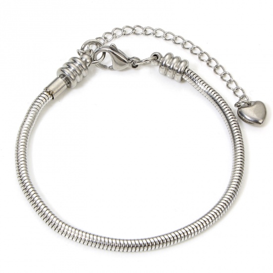 Immagine di 1 Piece 304 Stainless Steel European Style Snake Chain Bracelets Silver Tone With Lobster Claw Clasp And Extender Chain 18cm(7 1/8") long