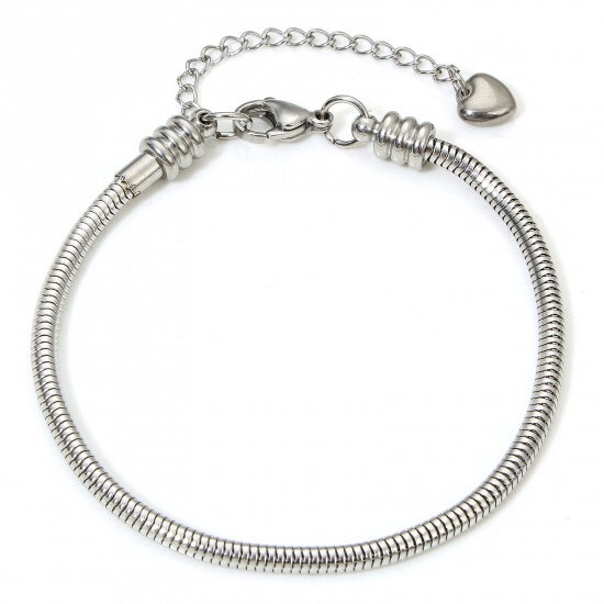 Immagine di 1 Piece 304 Stainless Steel European Style Snake Chain Bracelets Silver Tone With Lobster Claw Clasp And Extender Chain 20cm(7 7/8") long