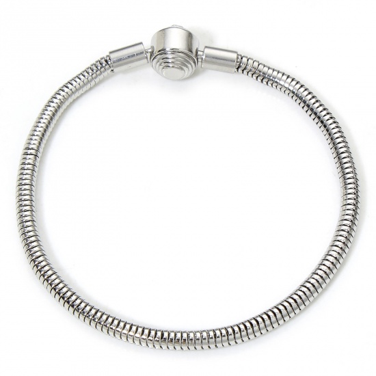 Picture of 1 Piece 304 Stainless Steel European Style Snake Chain Bracelets Silver Tone With Snap Clasp 18cm(7 1/8") long