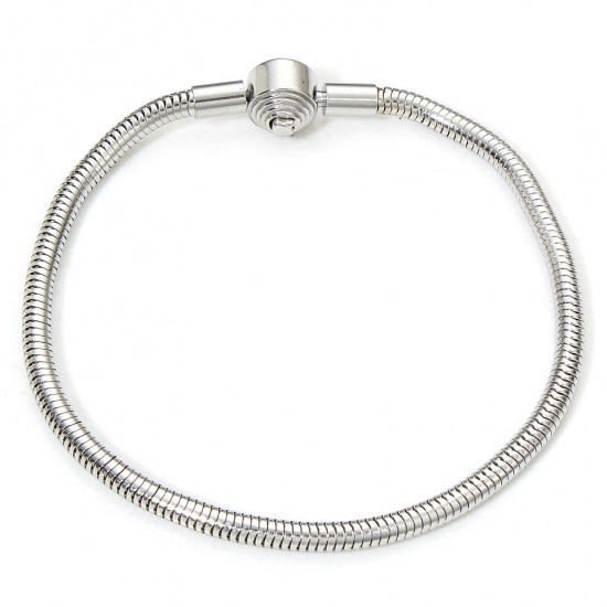 Picture of 1 Piece 304 Stainless Steel European Style Snake Chain Bracelets Silver Tone With Snap Clasp 20cm(7 7/8") long