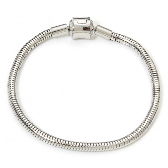 Imagen de 1 Piece 304 Stainless Steel European Style Snake Chain Bracelets Silver Tone With Snap Clasp 18cm(7 1/8") long