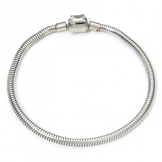Imagen de 1 Piece 304 Stainless Steel European Style Snake Chain Bracelets Silver Tone With Snap Clasp 20cm(7 7/8") long