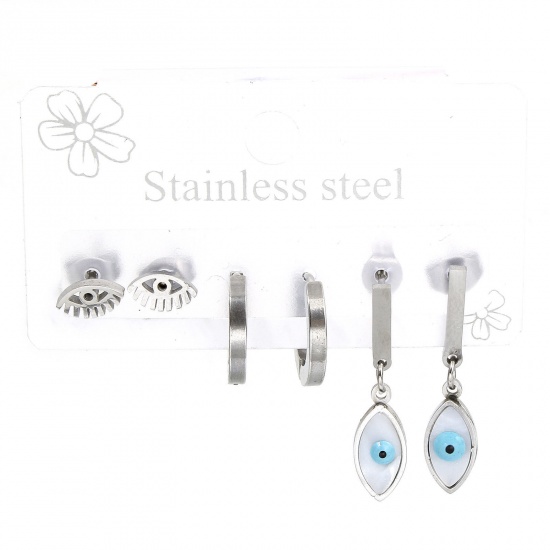 Picture of 1 Set ( 6 PCs/Set) 304 Stainless Steel Religious Ear Post Stud Earrings Set Silver Tone Round Evil Eye Post/ Wire Size: (18 gauge)-(20 gauge)