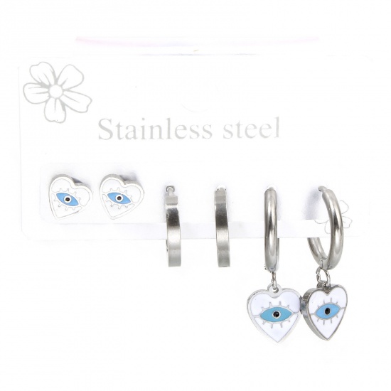 Picture of 1 Set ( 6 PCs/Set) 304 Stainless Steel Religious Ear Post Stud Earrings Set Silver Tone Heart Evil Eye Post/ Wire Size: (18 gauge)-(20 gauge)