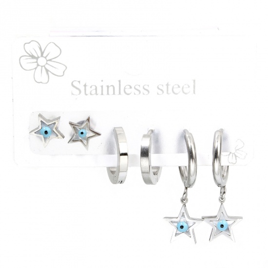 Picture of 1 Set ( 6 PCs/Set) 304 Stainless Steel Religious Ear Post Stud Earrings Set Silver Tone Pentagram Star Evil Eye Post/ Wire Size: (18 gauge)-(20 gauge)