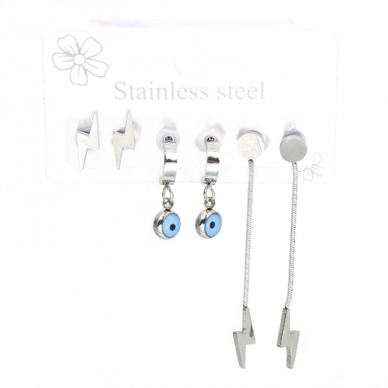 Picture of 1 Set ( 6 PCs/Set) 304 Stainless Steel Religious Ear Post Stud Earrings Set Silver Tone Lightning Evil Eye Post/ Wire Size: (20 gauge)