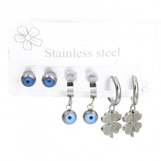 Picture of 1 Set ( 6 PCs/Set) 304 Stainless Steel Religious Ear Post Stud Earrings Set Silver Tone Leaf Clover Evil Eye Post/ Wire Size: (18 gauge)-(20 gauge)