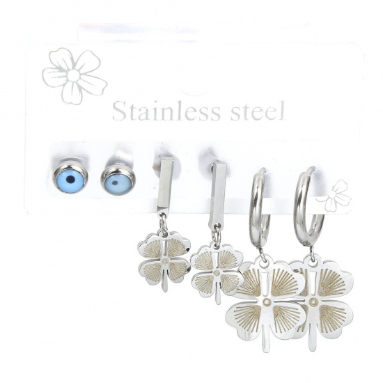 Immagine di 1 Set ( 6 PCs/Set) 304 Stainless Steel Religious Ear Post Stud Earrings Set Silver Tone Leaf Clover Evil Eye 31mm x 14mm, Post/ Wire Size: (18 gauge)