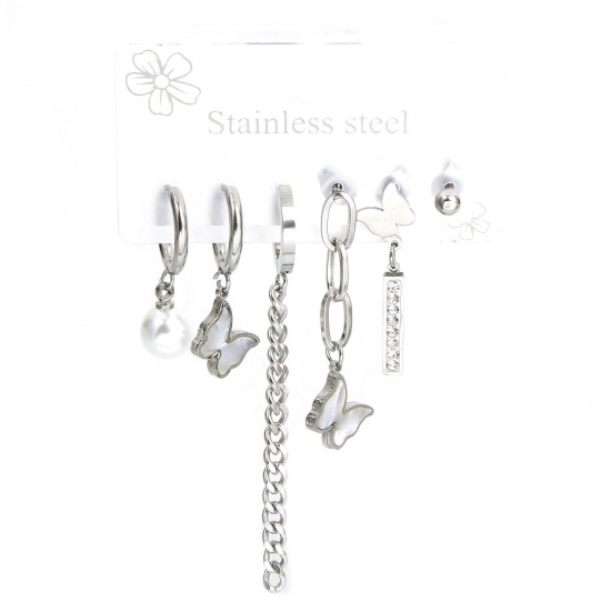 Immagine di 1 Set ( 6 PCs/Set) 304 Stainless Steel Insect Ear Post Stud Earrings Set Silver Tone Butterfly Animal 60mm x 14mm, Post/ Wire Size: (18 gauge)