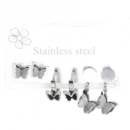 Picture of 1 Set ( 6 PCs/Set) 304 Stainless Steel Insect Ear Post Stud Earrings Set Silver Tone Butterfly Animal 22mm x 14mm, Post/ Wire Size: (18 gauge)