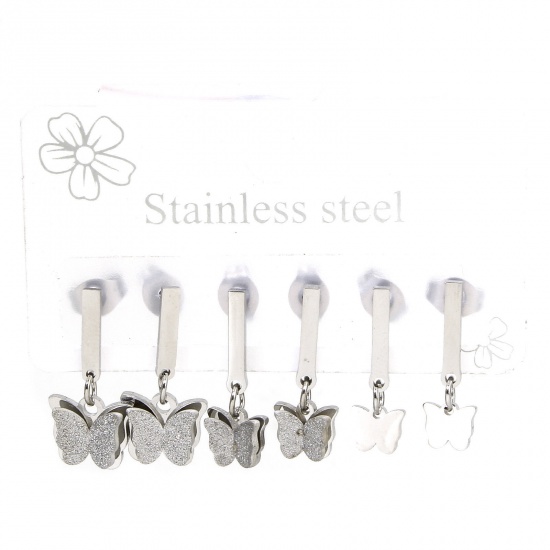 Immagine di 1 Set ( 6 PCs/Set) 304 Stainless Steel Insect Ear Post Stud Earrings Set Silver Tone Butterfly Animal 20mm x 14mm, Post/ Wire Size: (18 gauge)