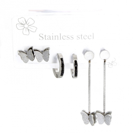 Picture of 1 Set ( 6 PCs/Set) 304 Stainless Steel Insect Ear Post Stud Earrings Set Silver Tone Butterfly Animal 40mm x 14mm, Post/ Wire Size: (18 gauge)