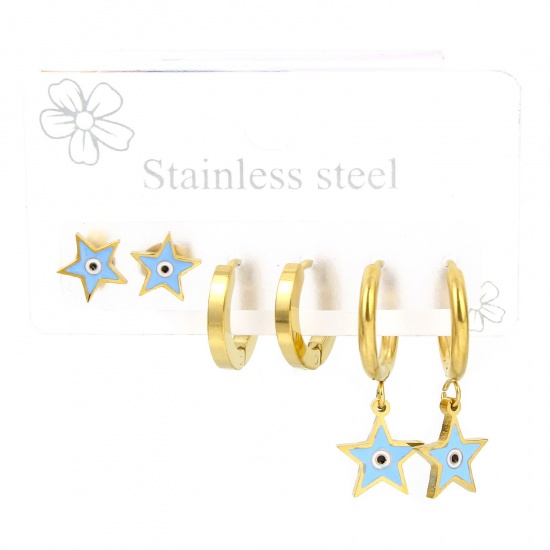 Picture of 1 Set ( 6 PCs/Set) Vacuum Plating 304 Stainless Steel Religious Ear Post Stud Earrings Set 18K Gold Plated Pentagram Star Evil Eye Post/ Wire Size: (18 gauge)-(20 gauge)