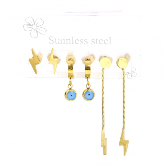 Picture of 1 Set ( 6 PCs/Set) Vacuum Plating 304 Stainless Steel Religious Ear Post Stud Earrings Set 18K Gold Plated Lightning Evil Eye Post/ Wire Size: (20 gauge)